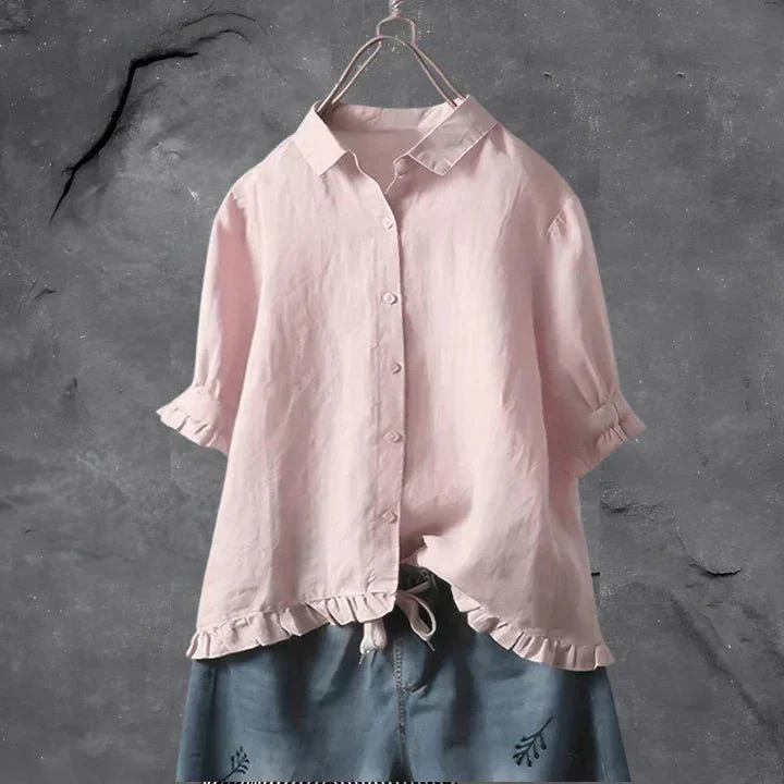 Jolene | Women's Linen Ruffle-Trim Button-Down Shirt