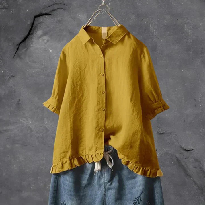 Jolene | Women's Linen Ruffle-Trim Button-Down Shirt