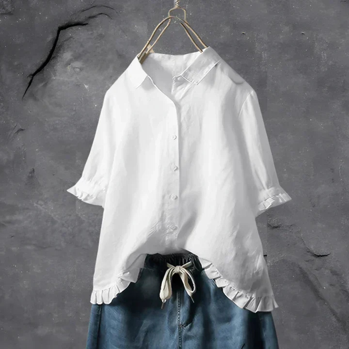 Jolene | Women's Linen Ruffle-Trim Button-Down Shirt
