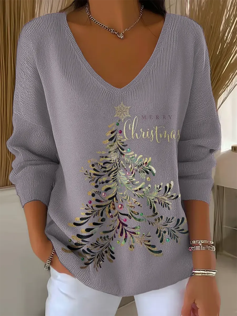 Louella | Christmas Tree Print V-Neck Sweater