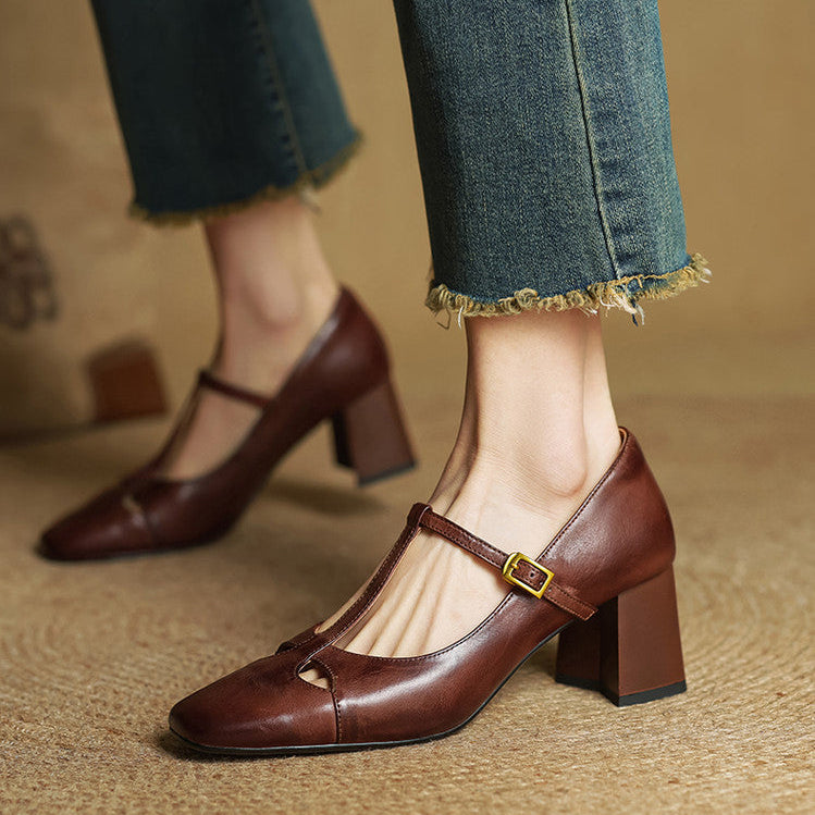 Philippa | Leather T-Strap Block Heels