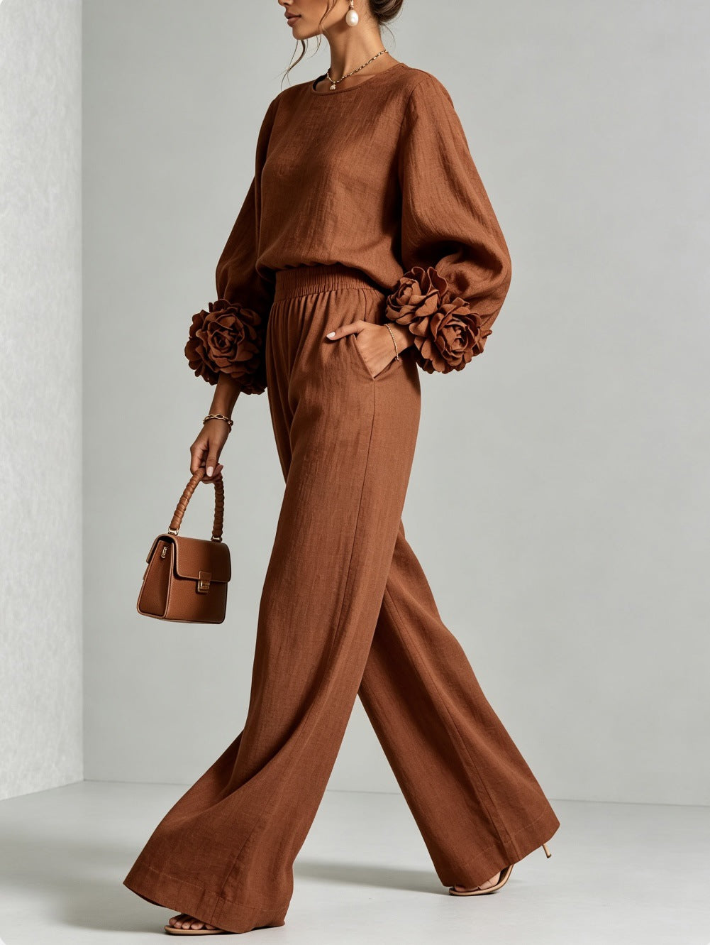 Rosabel | Floral Cuff Two-Piece Set Brown