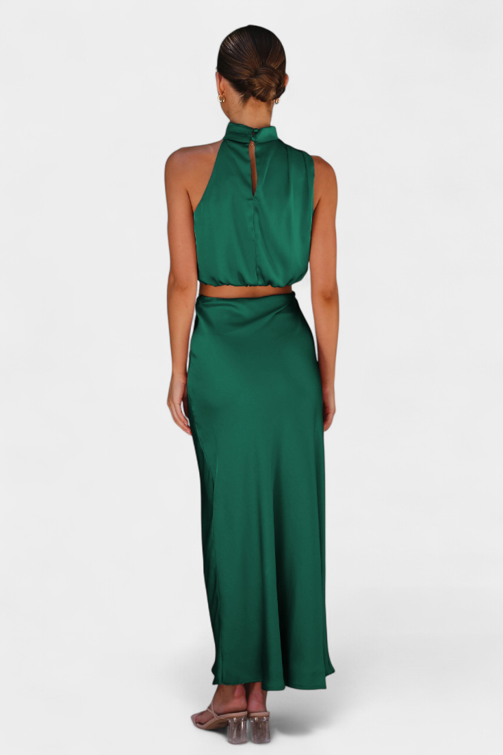 Hanna Two-Piece Draped Halter Neck Set with Open Back Design