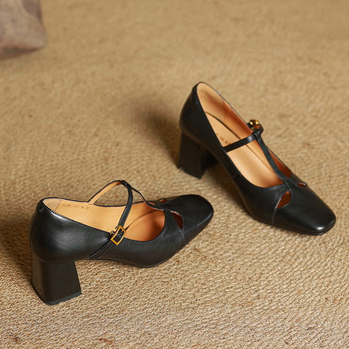 Philippa | Leather T-Strap Block Heels