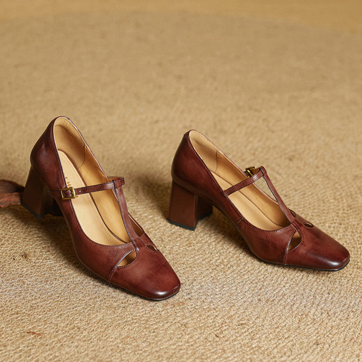 Philippa | Leather T-Strap Block Heels