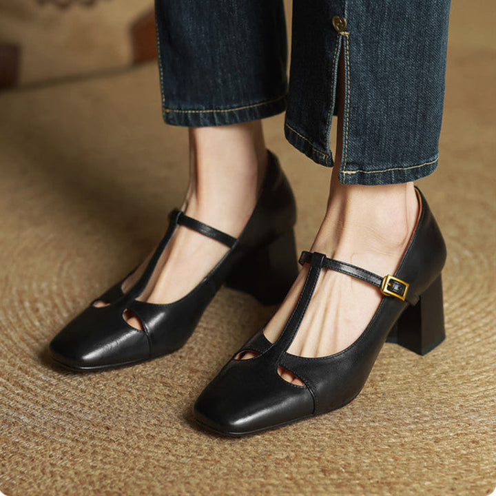 Philippa | Leather T-Strap Block Heels