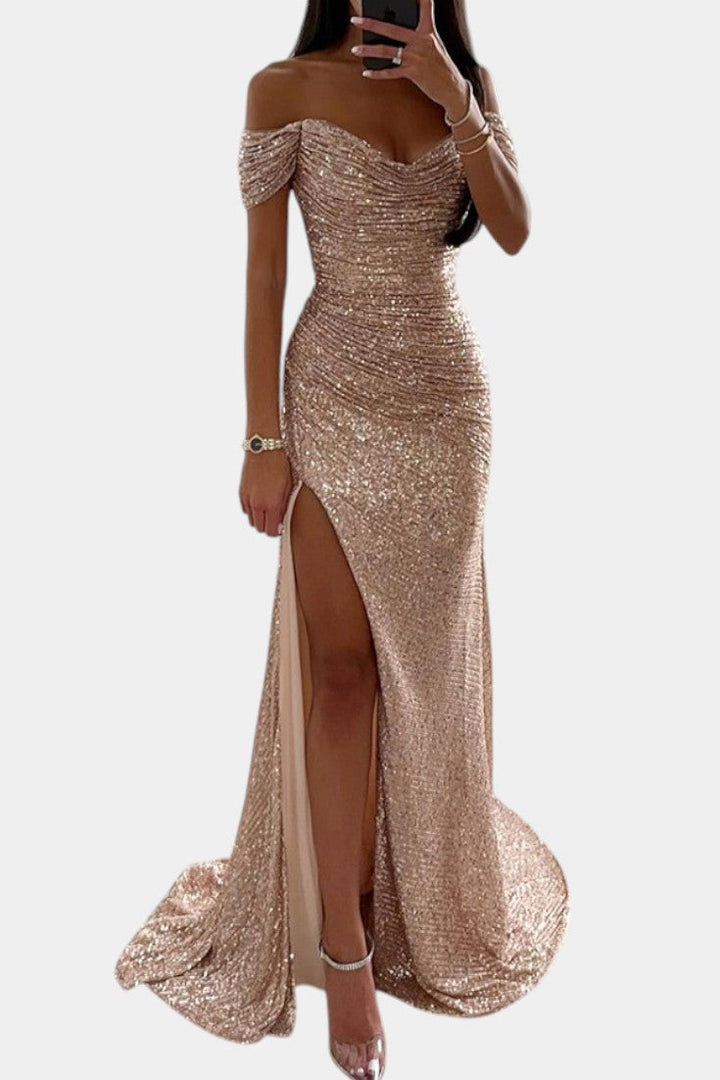 Off-Shoulder Sequin Mermaid Dress by Ariel with High Slit