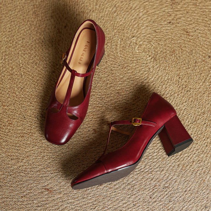 Philippa | Leather T-Strap Block Heels