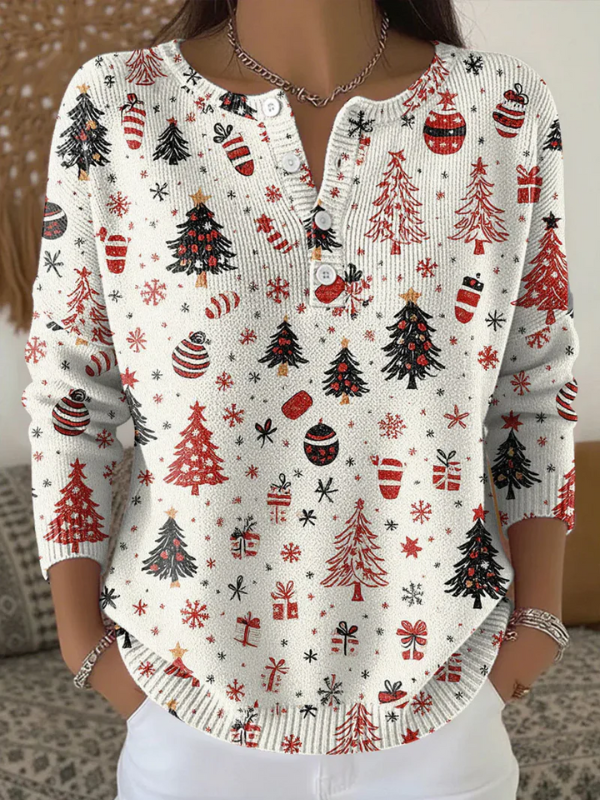 Kirsten | Christmas Print Henley Sweater