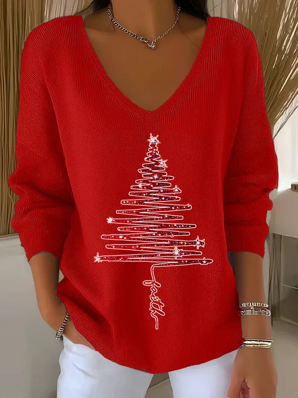 Louella | Christmas Tree Print V-Neck Sweater