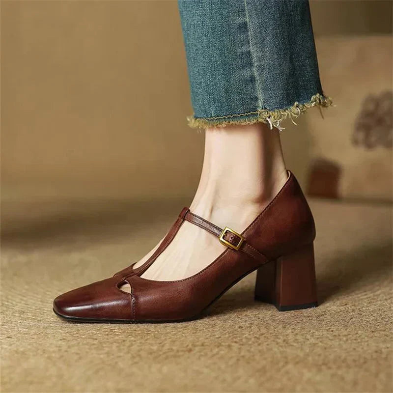 Philippa | Leather T-Strap Block Heels