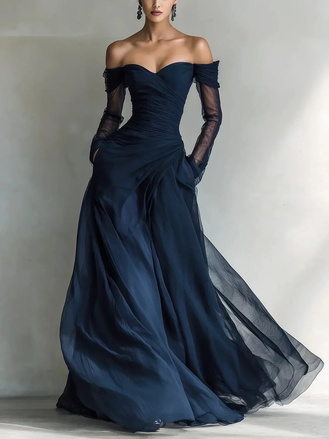 Matilda • Long dress with off-the-shoulder design and mesh inserts