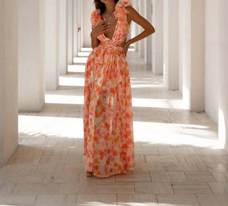 Sleeveless Hollowed Slim Fit V-neck Ruffled Dress