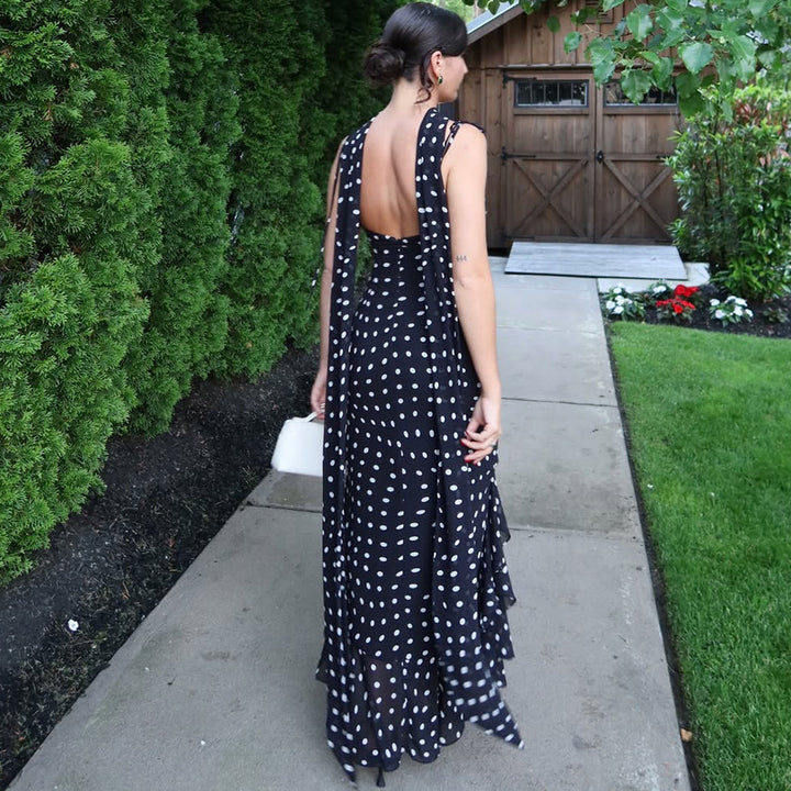 Elegant Polka Dot Long Dress with Shawl