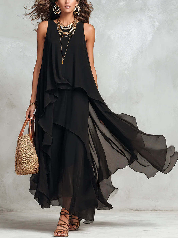 Sleeveless Asymmetrical Chiffon Long Dress
