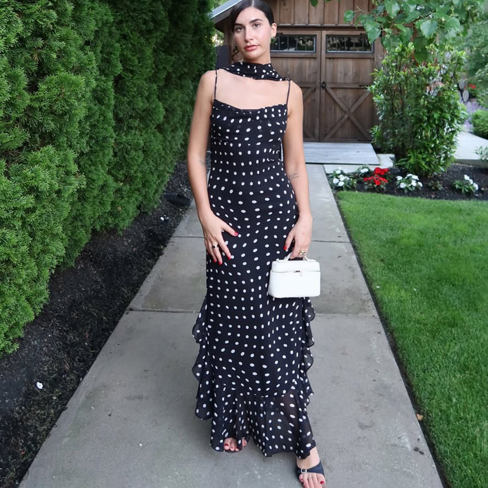 Elegant Polka Dot Long Dress with Shawl