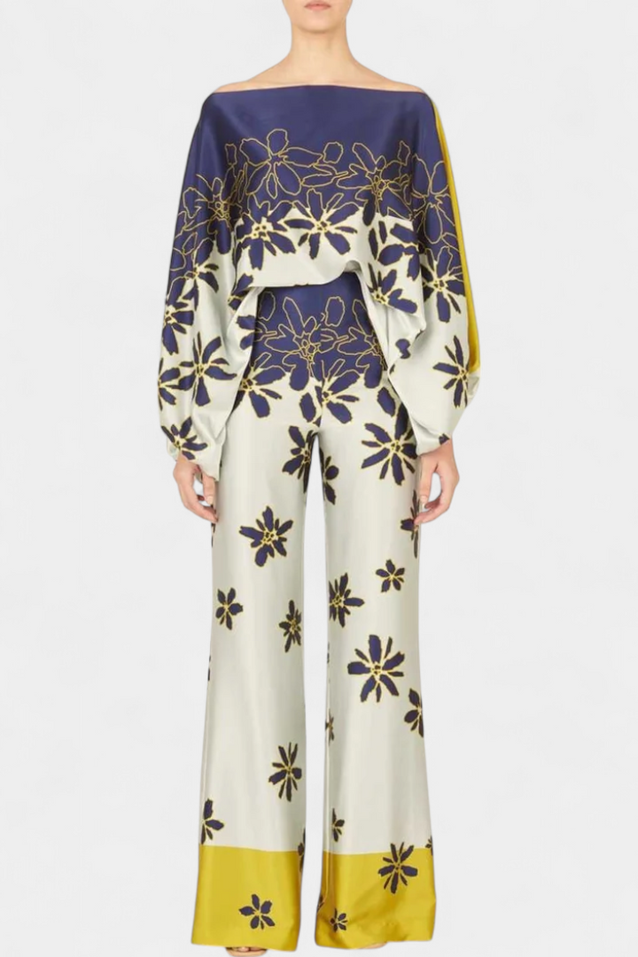 Artistic Print Off-the-Shoulder Top and Wide-Leg Pants Set by Sybella