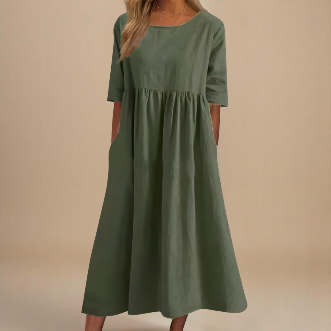 Sage | Women's Linen Gathered Waist Half-Sleeve Midi Dress