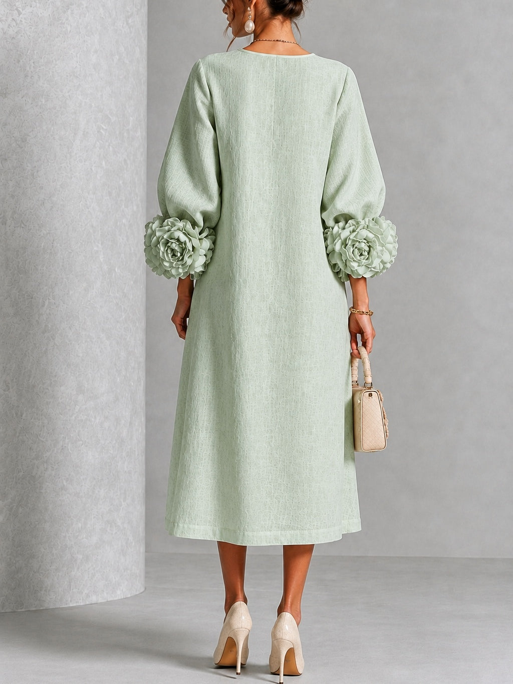 Theodosia | Rosette-Cuff Button Midi Dress Sage Mist