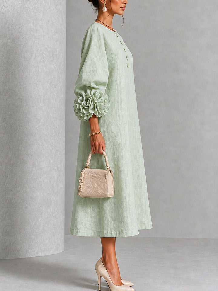 Theodosia | Rosette-Cuff Button Midi Dress Sage Mist