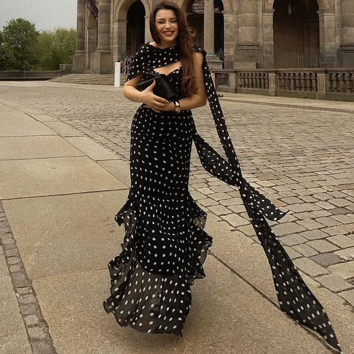 Elegant Polka Dot Long Dress with Shawl