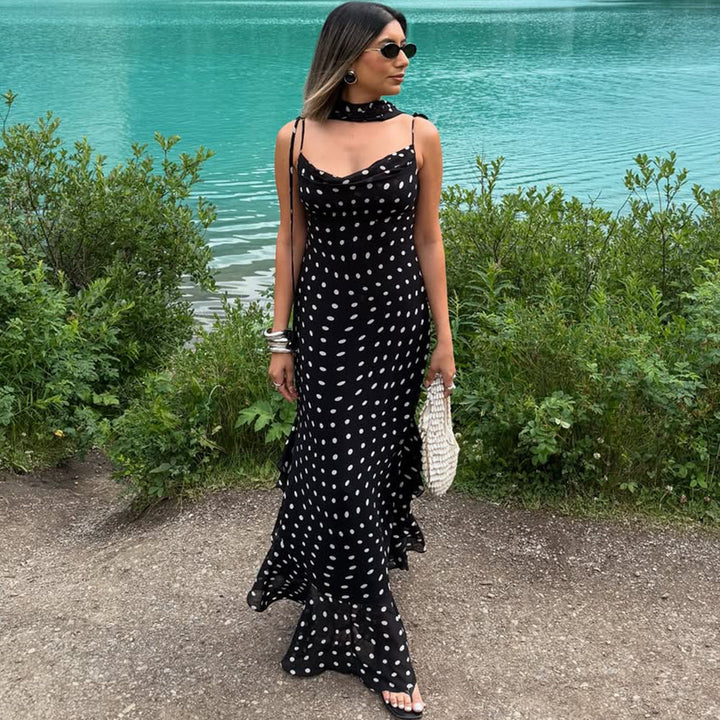 Elegant Polka Dot Long Dress with Shawl