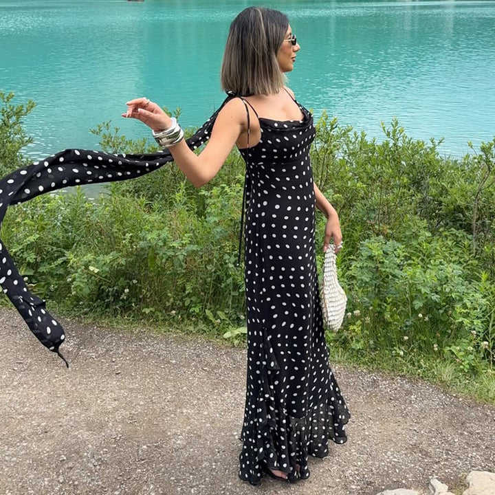 Elegant Polka Dot Long Dress with Shawl