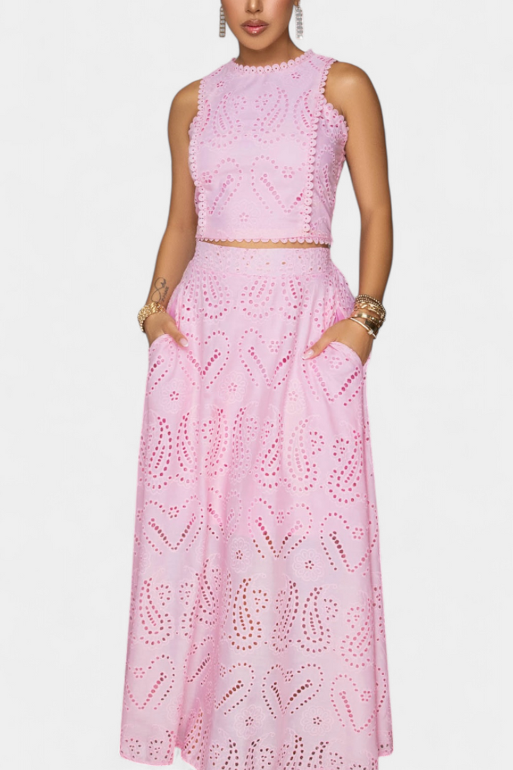 Danitza Floral Lace Two-Piece Set: Crop Top & Maxi Skirt