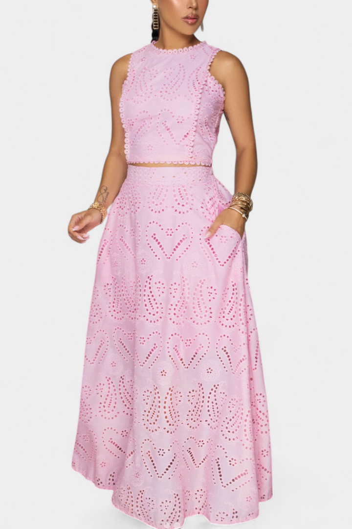 Danitza Floral Lace Two-Piece Set: Crop Top & Maxi Skirt