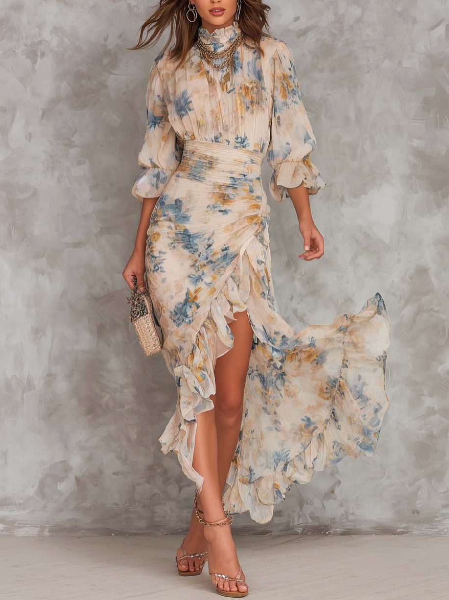 Beige Turtleneck Oil Painting Floral Print Irregular Chiffon Maxi Dress