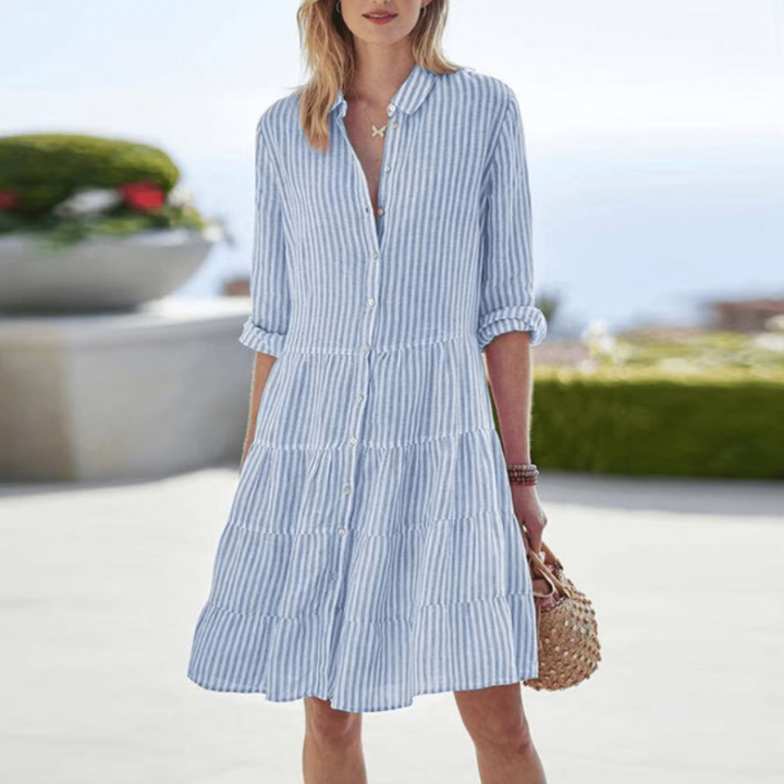 Sunny | Women's Linen Striped Collared Tiered Button-Down Dress
