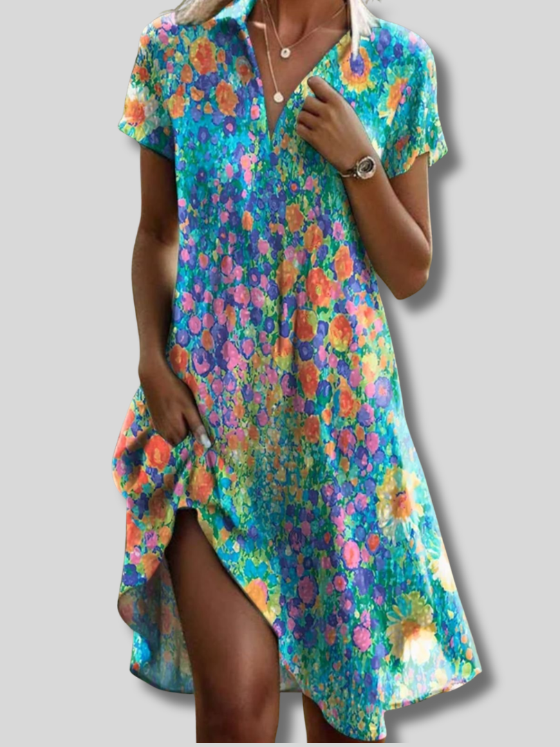 Dahliana™ | Women Floral Shirt Collar Short Sleeve Comfy Casual Midi Dress