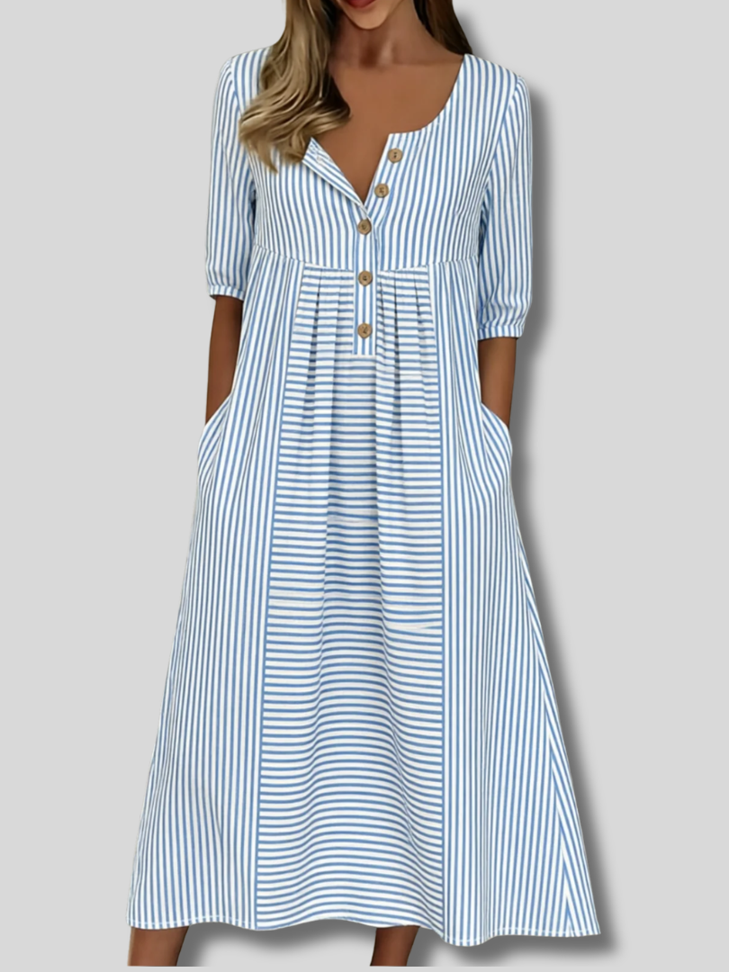 Odessa™ | Women Striped Summer Dress Half Open Collar Half Sleeve A-Line Dress