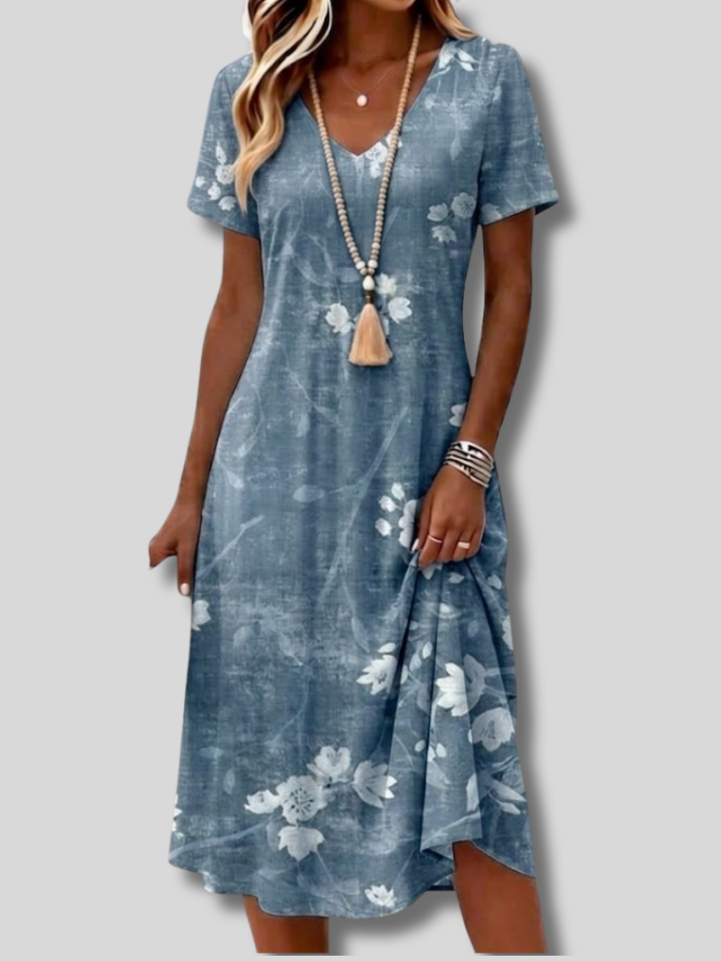 Milena™ | Women Floral Summer Dress V Neck Short Sleeve A-Line Dress