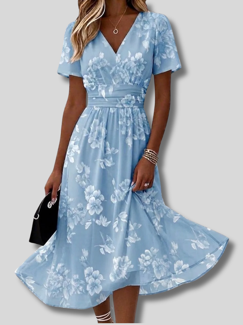 Mirabel™ | Women Floral Summer Dress V Neck Short Sleeve Beach Dress A-Line Dress