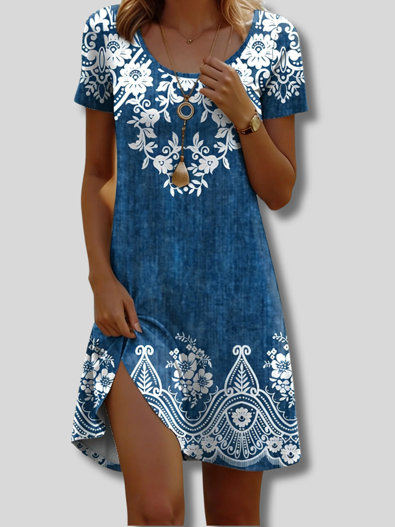 Galilea™ | Women Floral Summer Dress Crew Neck Short Sleeve Fit & Flare Dress A-Line Dress