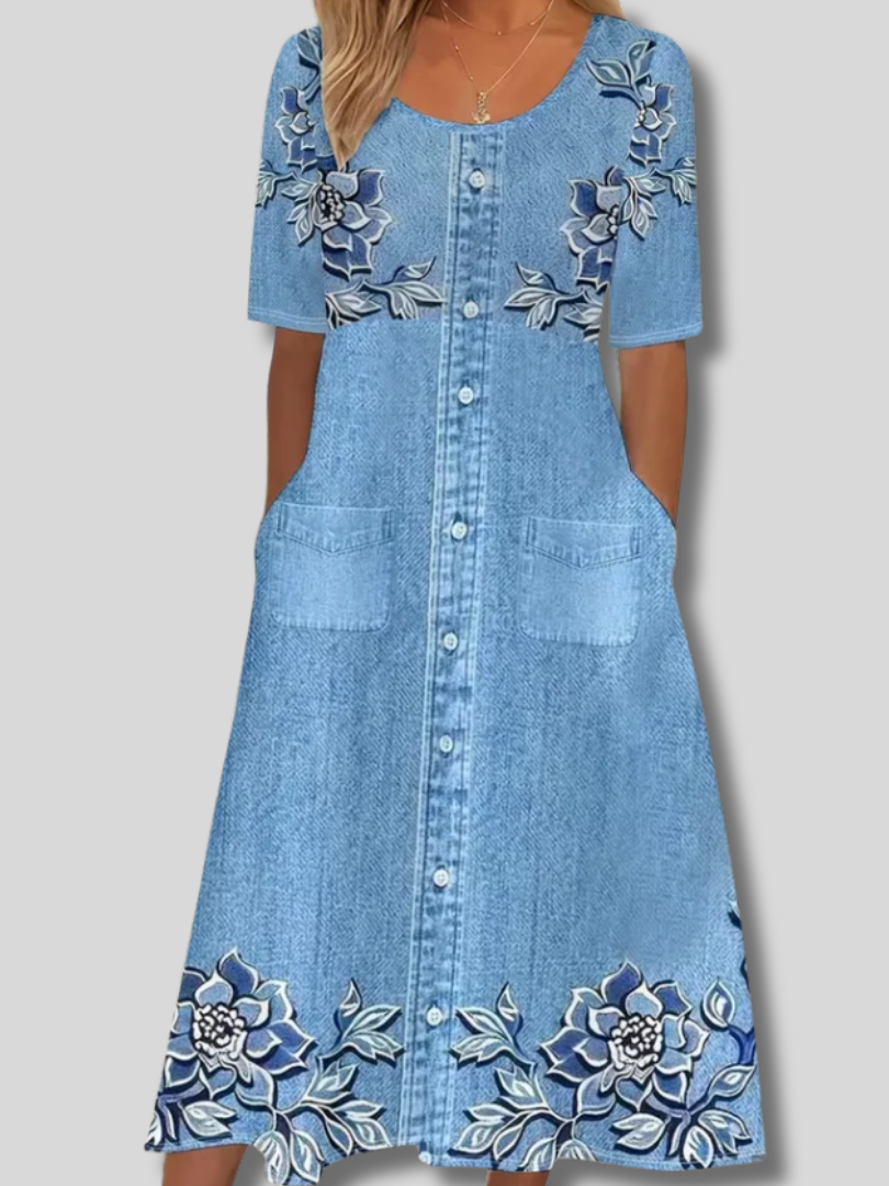 Fiora™ | Women Floral Summer Printing Dress Crew Neck Short Sleeve Shift Dress H-Line Dress