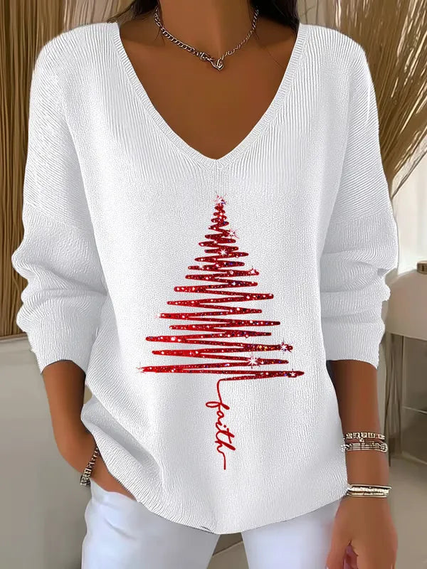 Louella | Christmas Tree Print V-Neck Sweater