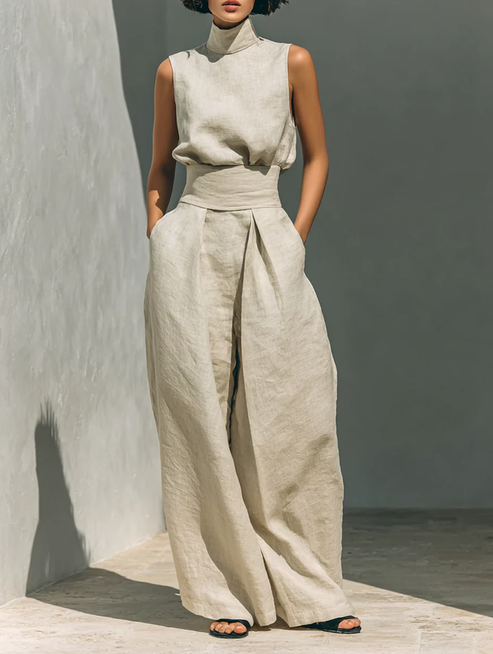 Dorothy • Set consisting of a sleeveless beige top in a cotton-linen blend and wide-leg pants