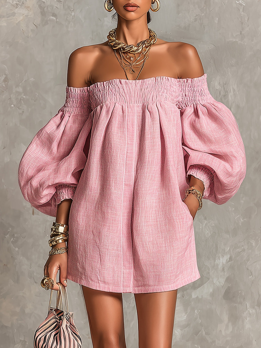 Cosima | Off-Shoulder Lantern-Sleeve A-Line Dress Pink