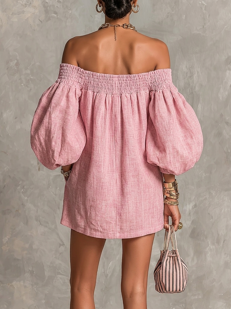 Cosima | Off-Shoulder Lantern-Sleeve A-Line Dress Pink