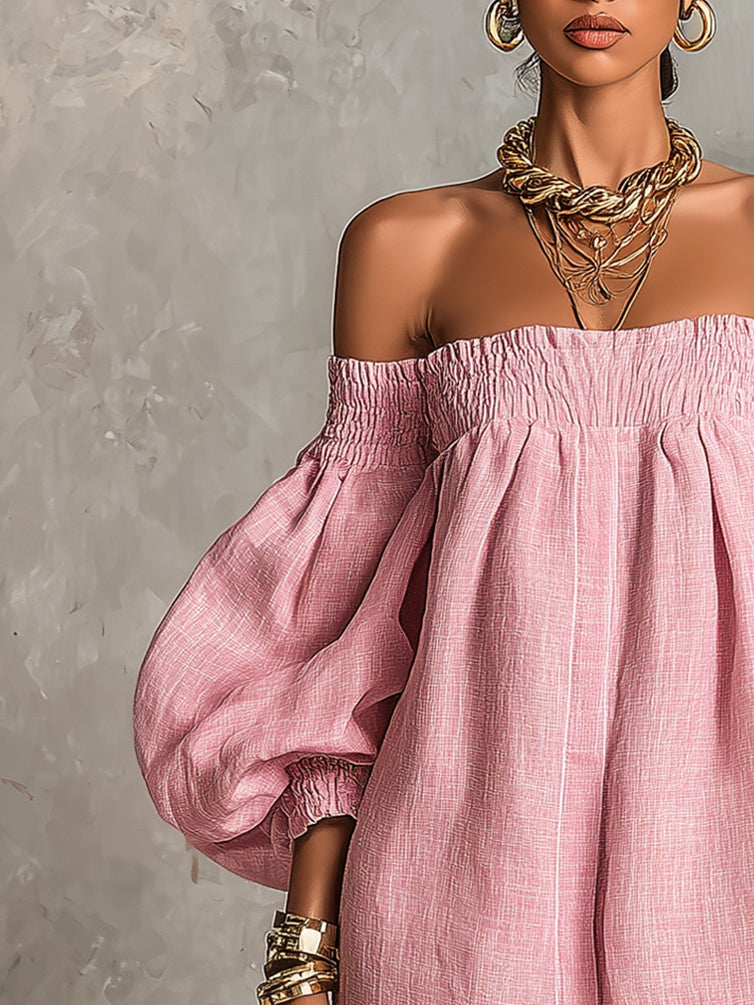 Cosima | Off-Shoulder Lantern-Sleeve A-Line Dress Pink
