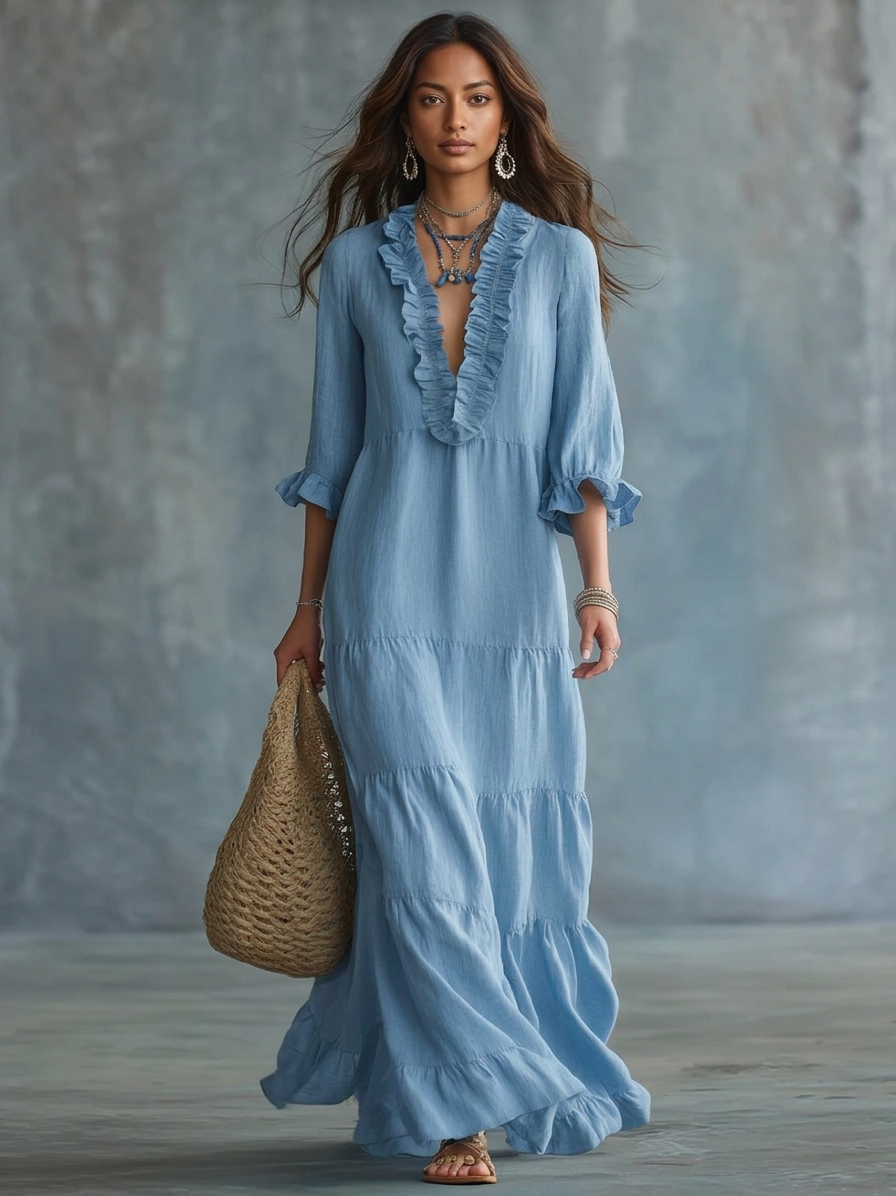 Claudia™ | Elegant Ruffle Neck Maxi Dress
