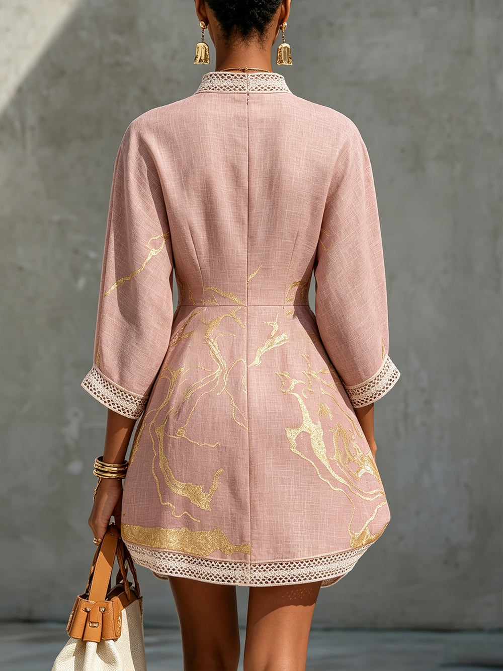 Seraphina | Gold-Printed V-Neck Crochet Lace Dress Pink