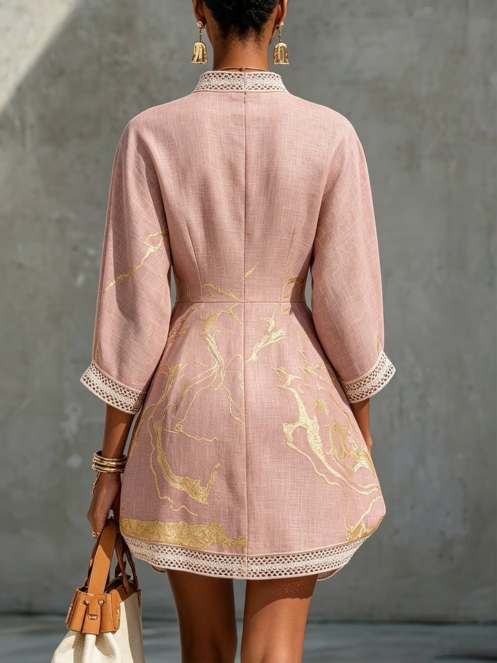 Seraphina | Gold-Printed V-Neck Crochet Lace Dress Pink