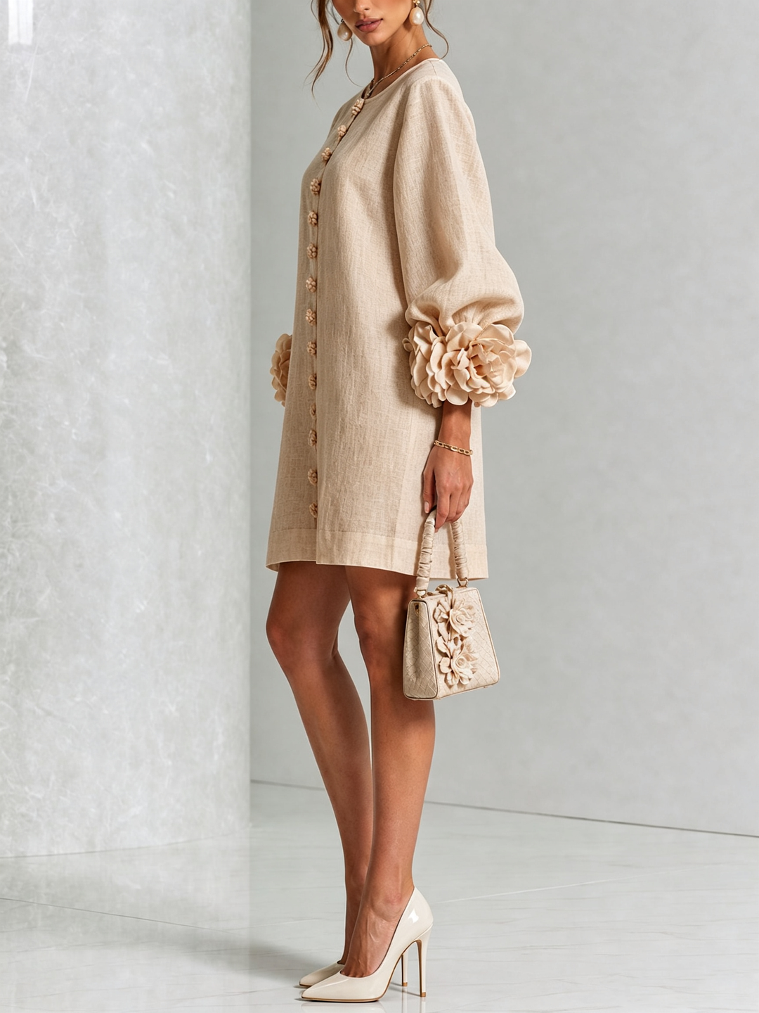 Clementine | Rosette-Cuff Button Shift Dress Beige