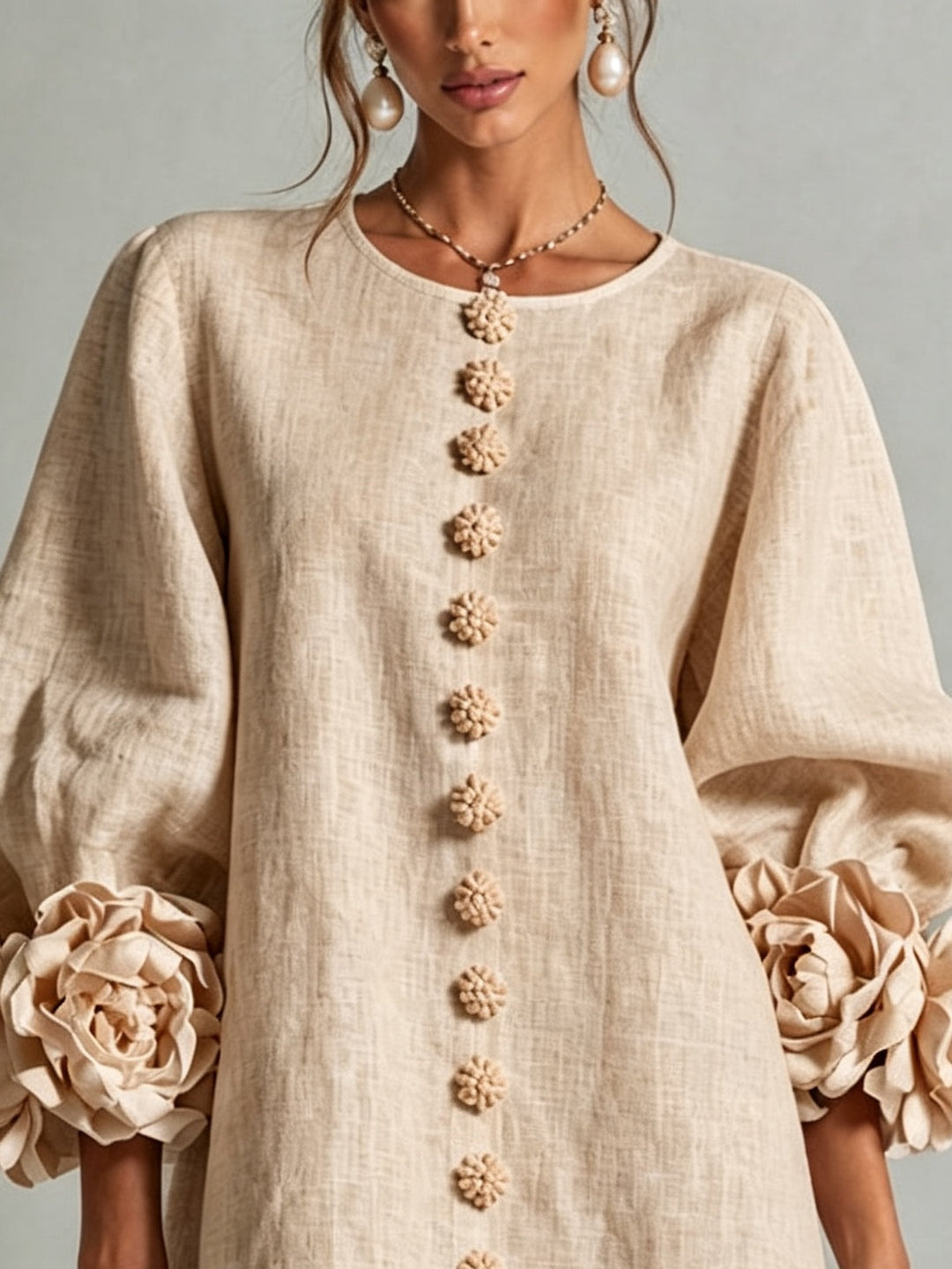Clementine | Rosette-Cuff Button Shift Dress Beige