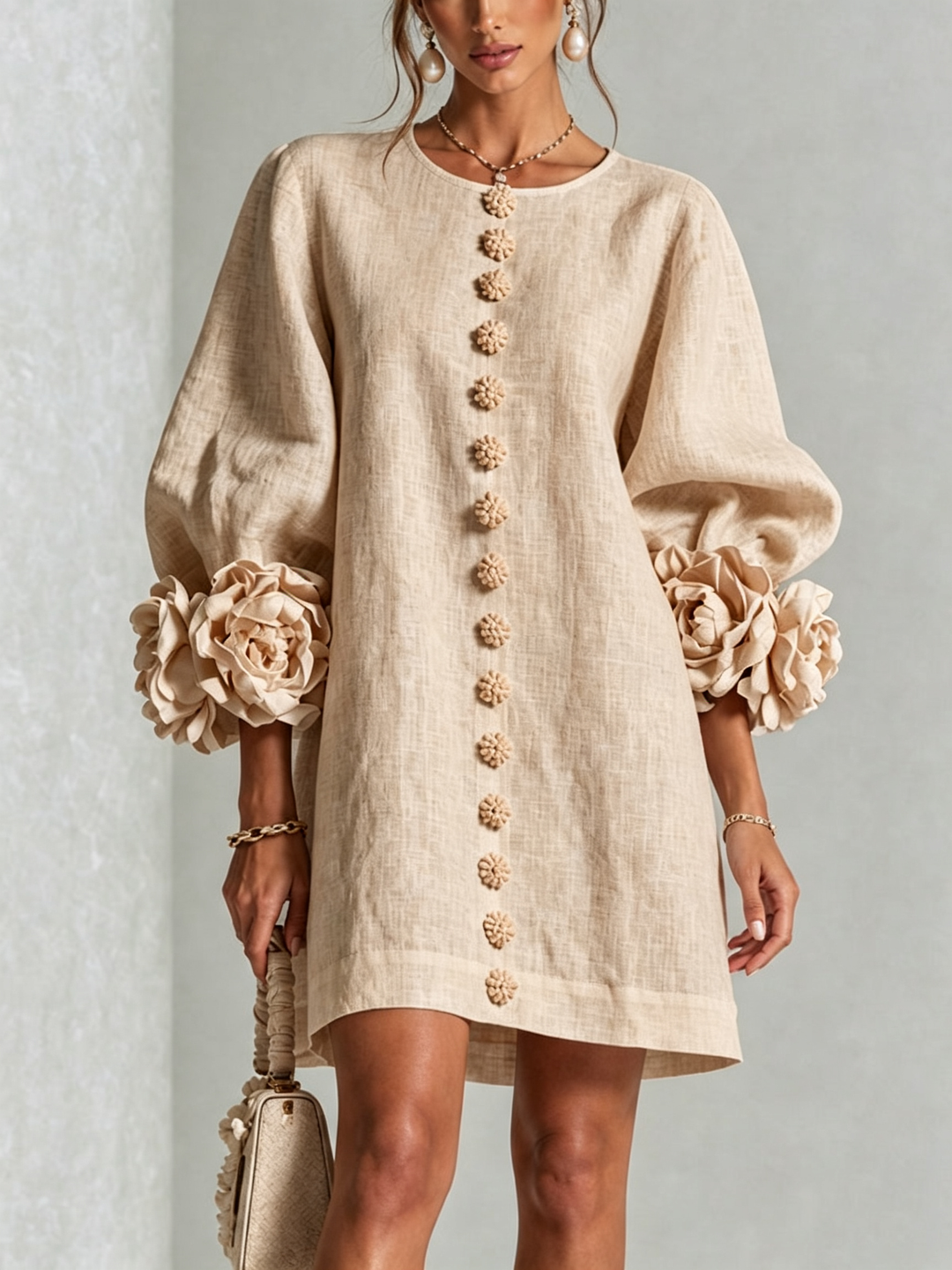 Clementine | Rosette-Cuff Button Shift Dress Beige