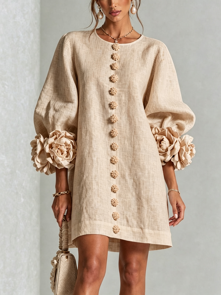 Clementine | Rosette-Cuff Button Shift Dress Beige