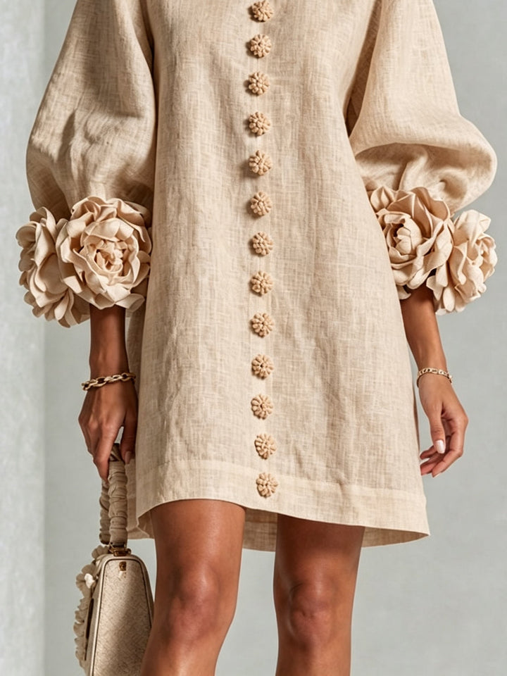Clementine | Rosette-Cuff Button Shift Dress Beige